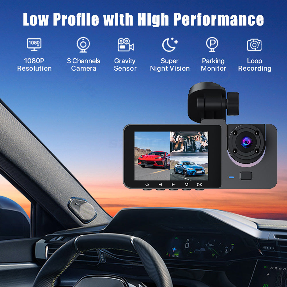All-Round Protection 3-Channel Auto Dash Cam | 1080P HD Car Black Box Recorder