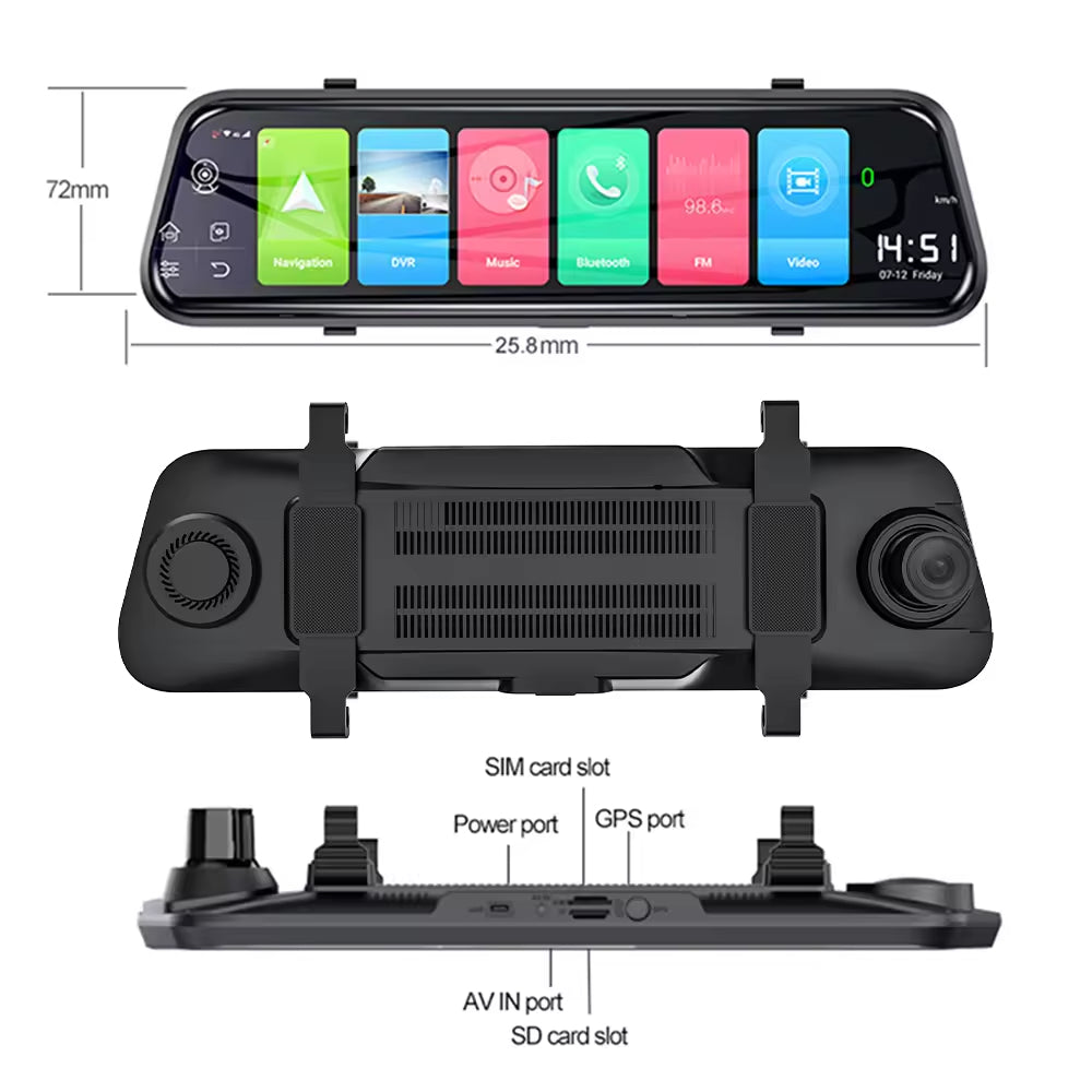 Android Smart 4G Review Mirror Dash Cam 10" Touchscreen | Dual Camera, WiFi, GPS, ADAS for Full Driving Security