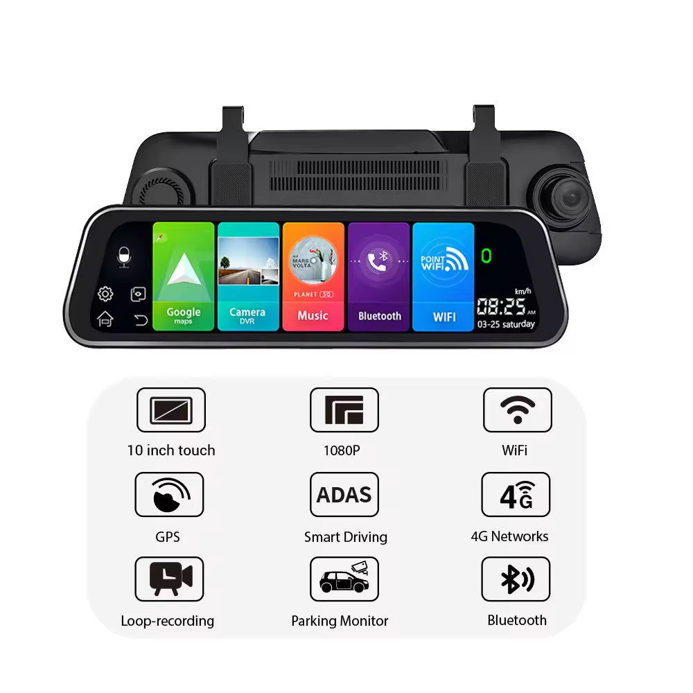 Android Smart 4G Review Mirror Dash Cam 10" Touchscreen | Dual Camera, WiFi, GPS, ADAS for Full Driving Security